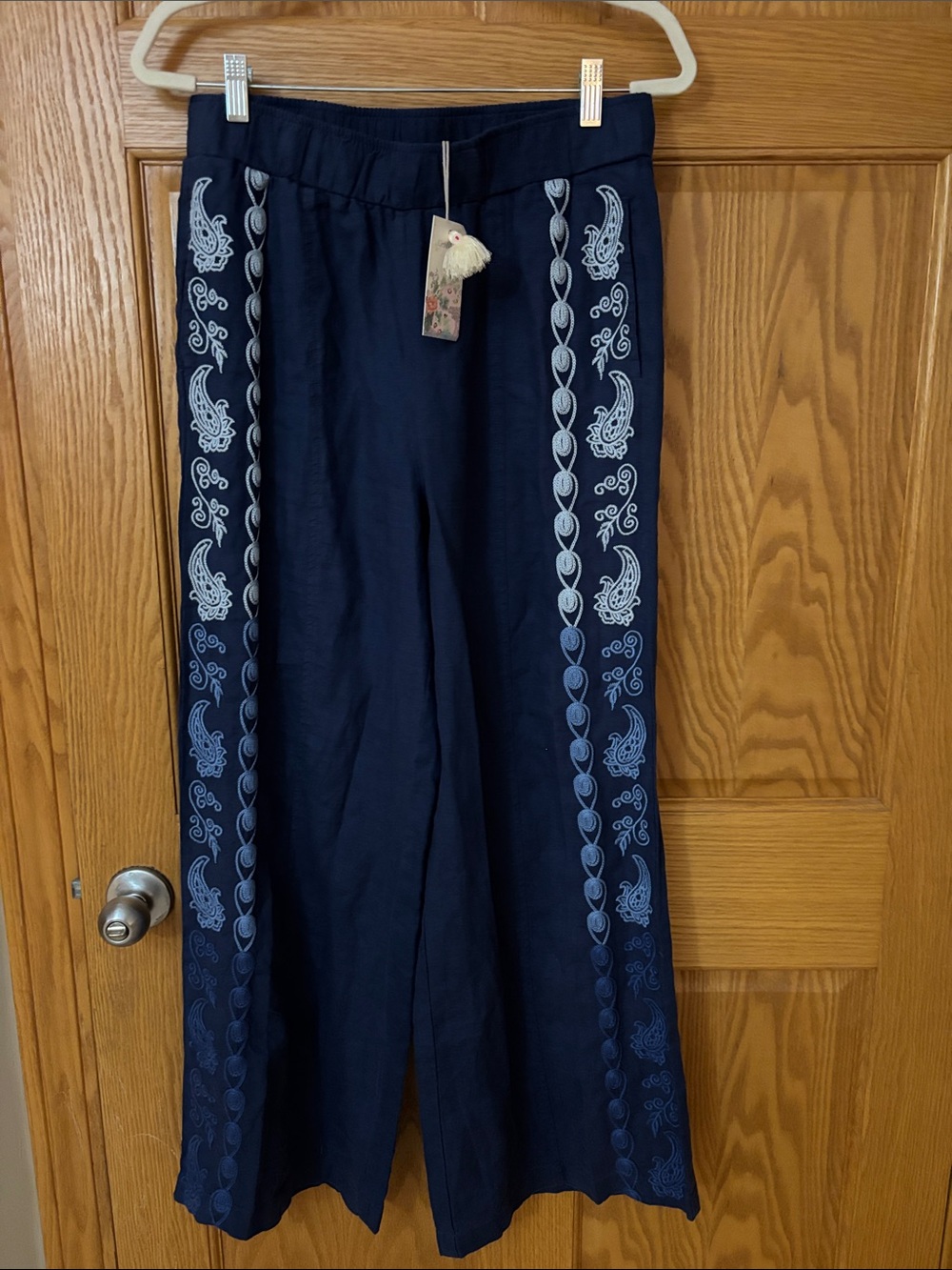 Johnny Was Laura Navy Embroidered Linen Wide Leg Pants M NWT